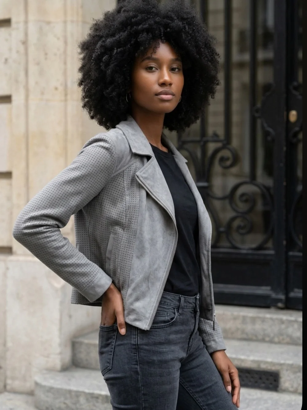 HEI HEI Anthropologie Jacket Faux Suede Gray Cut Out Zip Notched Collar Medium
